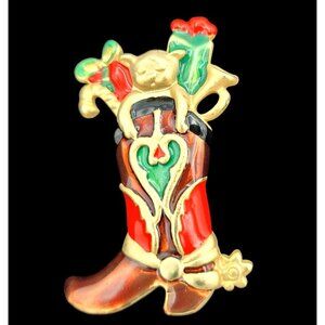Vintage Christmas Cowboy Boot Brooch Pin Cat & Gifts Gold-Tone Enamel 2"